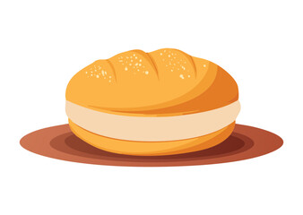 Round Sweet Bread Bun with Cream Filling - Vector Illustration