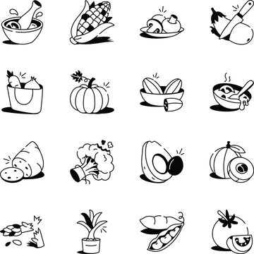 Pack of Organic Vegetables Drawing Icons 
