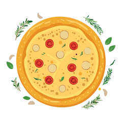 Delicious Pizza with Vegetables and Garlic Garnish Vector Illustration