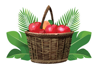 Dark Woven Basket with Fresh Red Apples - Vector Illustration