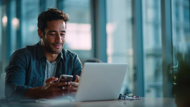 Happy hispanic man using smartphone and laptop in modern office