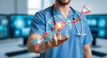 Medical professional interacts with digital D N A helix