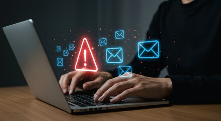Cybersecurity alert warning symbol and email icons hover over a person typing on a laptop computer