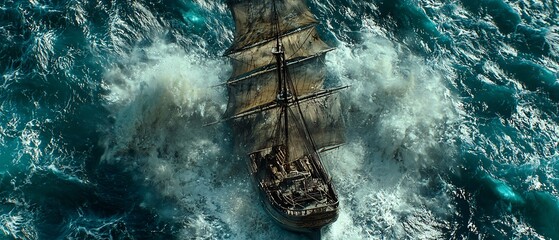 Ship sailing through tumultuous ocean, battling crashing waves in harsh conditions