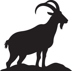 Black silhouette of a mountain goat standing on uneven ground ibex animal