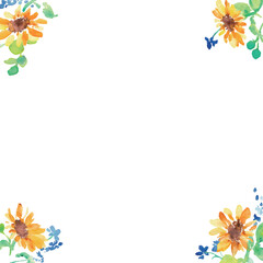 水彩画。水彩タッチの向日葵と草木の夏フレーム。ひまわりのベクターイラスト。
Watercolor painting. Summer frame of watercolor sunflowers and plants. Vector illustration of sunflowers.