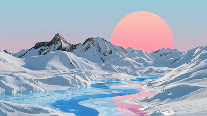 Surreal snowy mountains under a pastel sun