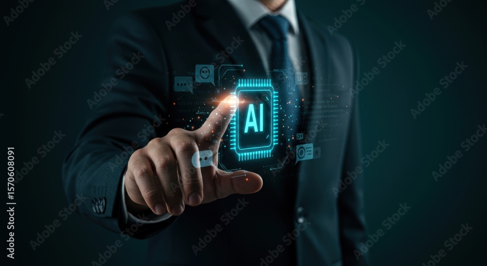 Poster businessman s finger interacting with a futuristic ai chip display symbolizing digital transformatio