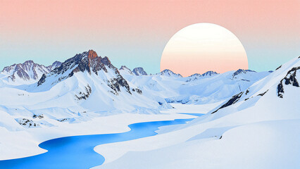 Surreal snowy mountains under a pastel sky