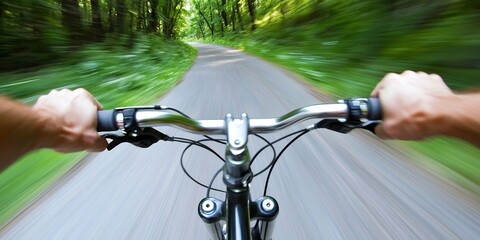 Biking adventure perspective through lush forest tunnel at exhilarating pace