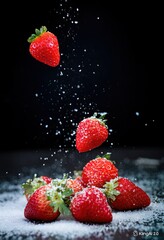 Fresh strawberries falling mid-air with sugar sprinkles against a dark background, captured in high speed, perfect for concepts of freshness, dessert, sweet fruit, and creative food styling
