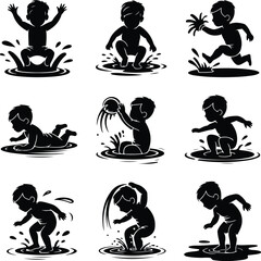 Kid Playing in Water Icon Pack – Silhouette Vector for Summer Joy Boy Splashing Water Silhouette Set – Fun Summer Activity Icons
