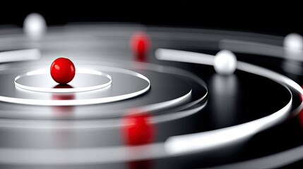 Abstract Red and White Spheres Orbiting a Central Core in a Dark Gray Circular Design