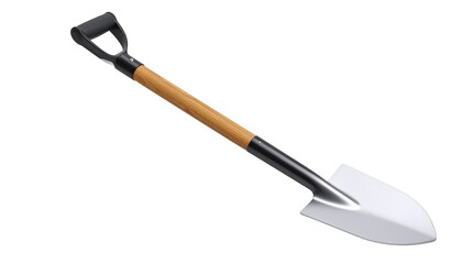 Hand hoe with wooden grip and iron blade, isolated on transparent background.