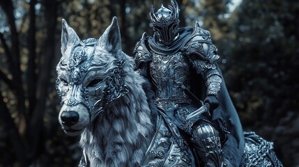 Enigmatic armored knight astride an ornate wolf mount amidst woodland obscurity