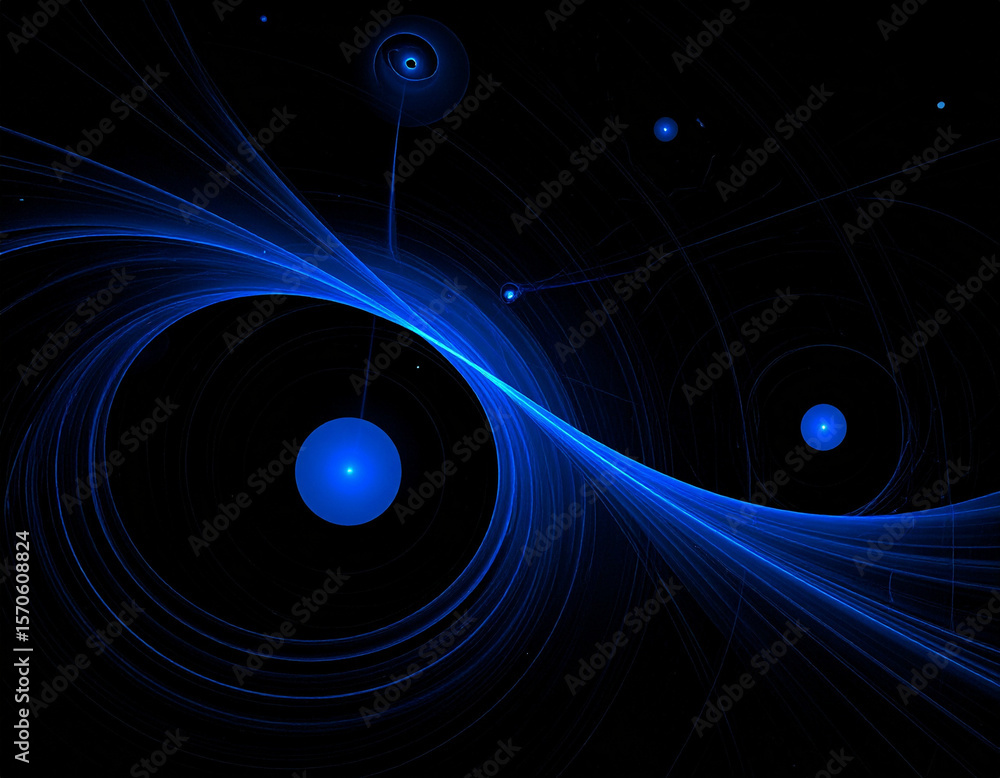Poster an abstract dark background featuring bright blue glowing lines swirling around circular orbs and ex