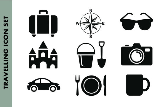 Travel and vacation icons depicting leisure and adventure essentials for global exploration needs