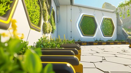 Futuristic Vertical Garden with Hexagonal Planters Integrating Nature and Architecture