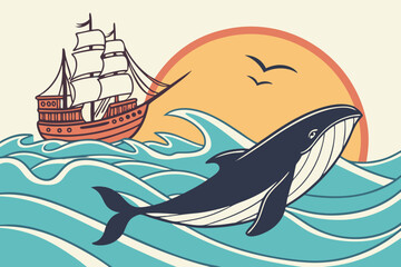 Obraz premium ship, boat, whale, underwater, ocean, waves, sunset, digital art, stylized, vibrant colors
