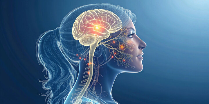 Woman with optic nerve and link to stimulated brain region - X ray style 3D illustration with blue background
