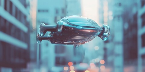 Futuristic autonomous vehicle gracefully soaring through the cityscape skyline