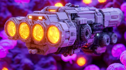 Futuristic exploration vessel amidst alien flora, rendered with detailed textures