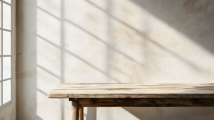 Wooden table mockup on stucco background with window shadow on the wall, beige earthy color tones