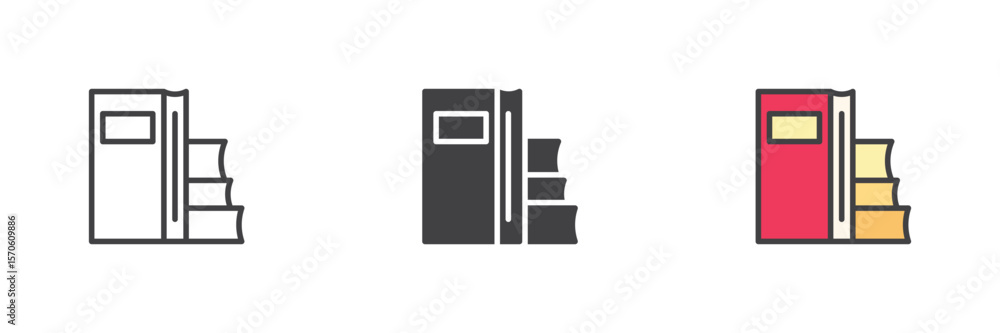 Aufkleber bookshelf archive icon set in line, solid and filled outline style