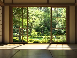 Photorealistic Japanese tea garden view from interior, wooden frame window, tatami floor foreground, peaceful lighting