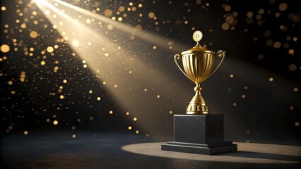 Golden trophy stands in the spotlight, symbolizing success and achieve