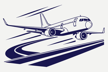 commercial aircraft, airplane, jet, silhouette, blue, modern, minimalist, flat design, vector illustration