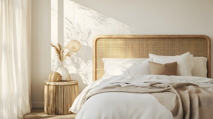 Photorealistic bedroom with white walls, rattan headboard, linen bedding, bamboo side table, warm ambient light