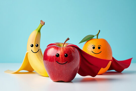 Happy superhero apple banana and orange friends on blue background