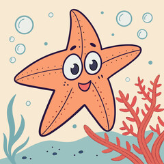 starfish, cartoon, whimsical, underwater, coral reef, bubbles, colorful, detailed, digital art
