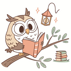owl holding book, sitting on branch, lantern hanging beside, cozy illustration, warm colors, whimsical, magical, digital art

