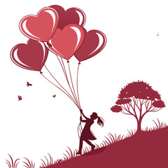 detailed illustration, dramatic heart-shaped red balloons, silhouette of a person holding the balloons, beautiful landscape with trees and grass, romantic, digital art, warm color palette, cinematic s