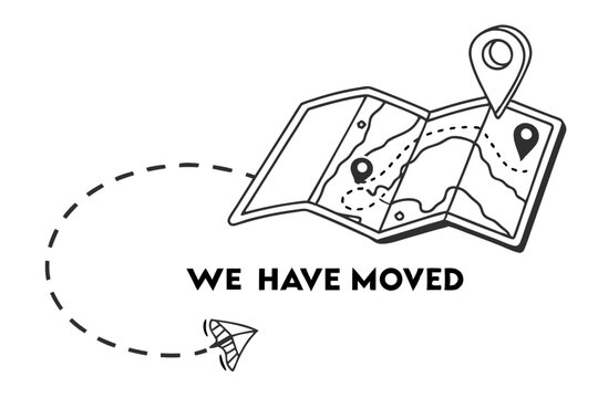 Black and white illustrated announcement with map and location marker for new address reveal, transparent design element.