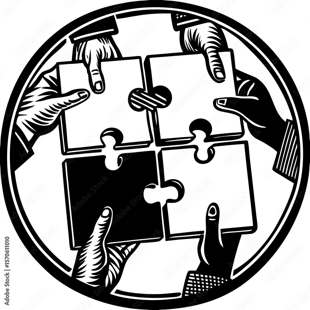 Poster illustration featuring diverse hands assembling puzzle pieces in a collaborative circle emphasizing 