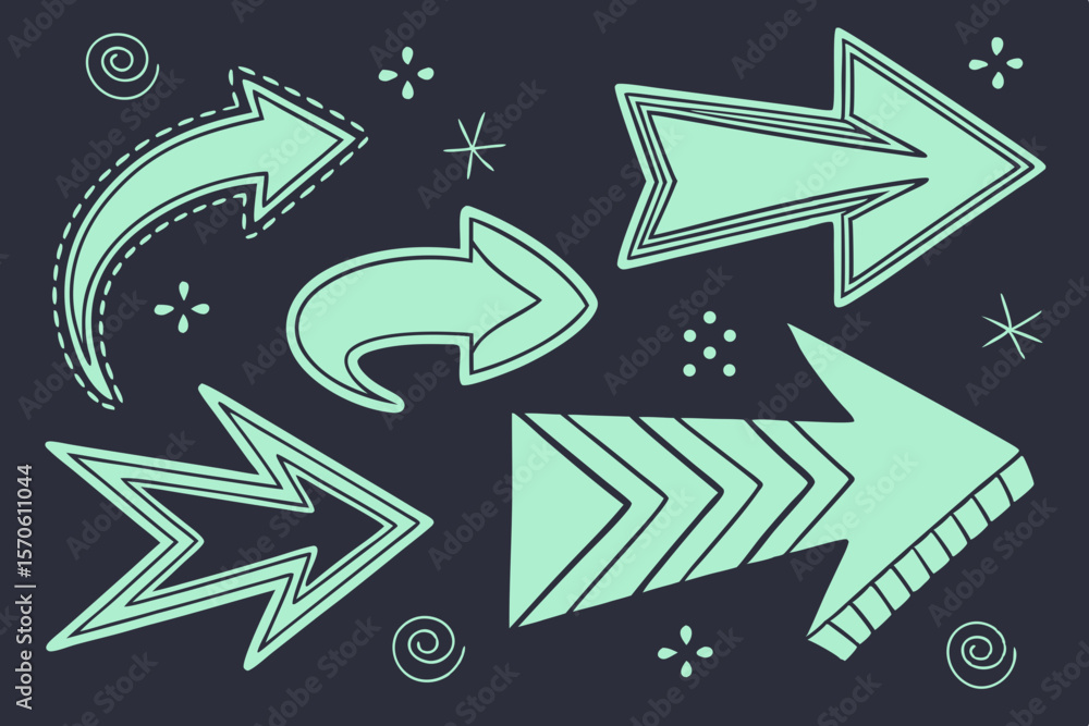 Poster playful collection of hand drawn arrows in various designs with decorative elements for modern graph