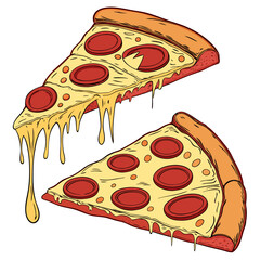 "detailed, high quality, colorful, realistic illustration of two slices of pepperoni pizza, melted cheese, steaming hot, dripping cheese, crisp crust"
