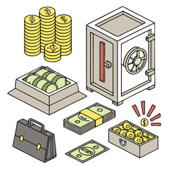 isometric, detailed, 3d, gold coin stacks, cash safe, wallet, money, currency, financial, banking, modern, minimal, flat design
