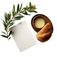 Bread olive oil and branch isolated on white