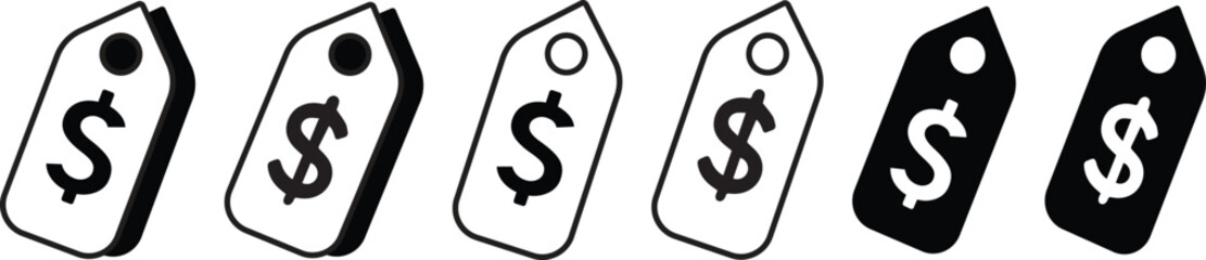 A collection of vector price tag icons featuring dollar symbols in various styles including outline, solid, and layered designs. Perfect for use in e-commerce, sales promotion, online store interfaces