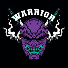 This illustration features a futuristic Oni warrior head in striking purple and teal tones, with sharp horns and a menacing expression. Two crossed katanas and curling white smoke in the background en