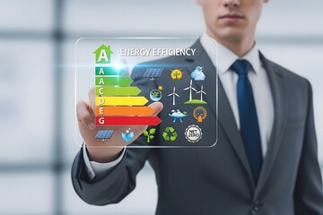 Businessman interacting with a futuristic transparent screen displaying energy efficiency rating and green technology icons