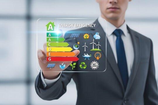 Businessman interacting with a futuristic transparent screen displaying energy efficiency rating and green technology icons