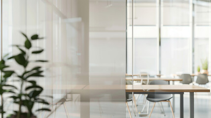 bright modern office interior, white background, blurred backdrop, glass partitions meeting room