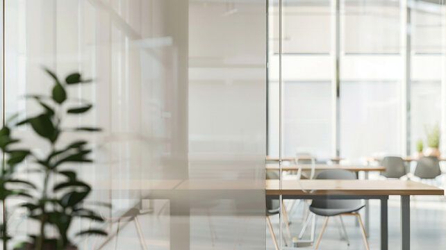 bright modern office interior, white background, blurred backdrop, glass partitions meeting room