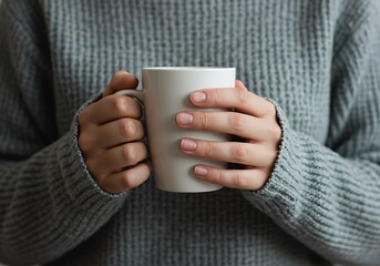 Cozy hands cupping a mug, wearing a grey knit sweater, a symbol of relaxation.

