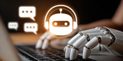 AI assistant technology in daily life showing user interacting with AI agent on laptop. Perfect for smart assistant, AI chatbot, digital support, virtual helper, and intelligent automation.